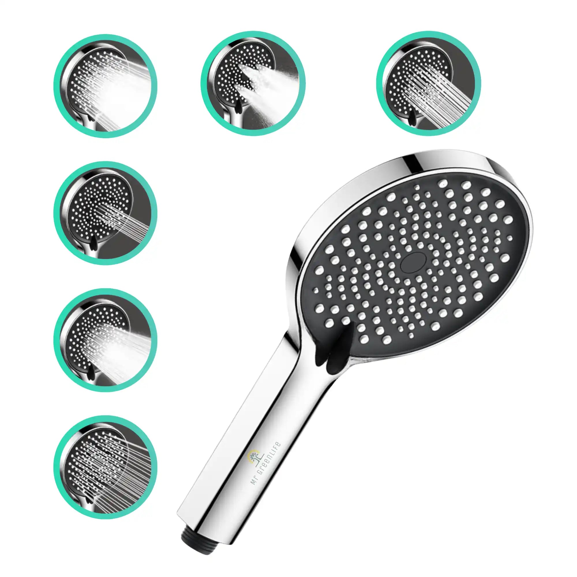 Een chrome handdouche met meerdere sproei‑patronen.